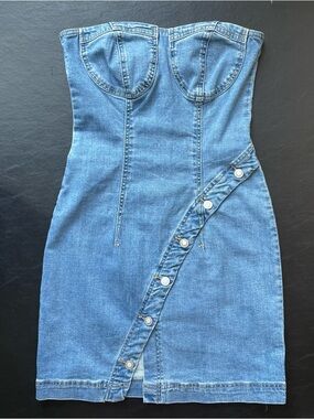 Strapless Denim Mini Dress in Light Blue with Diagonal Button Detail